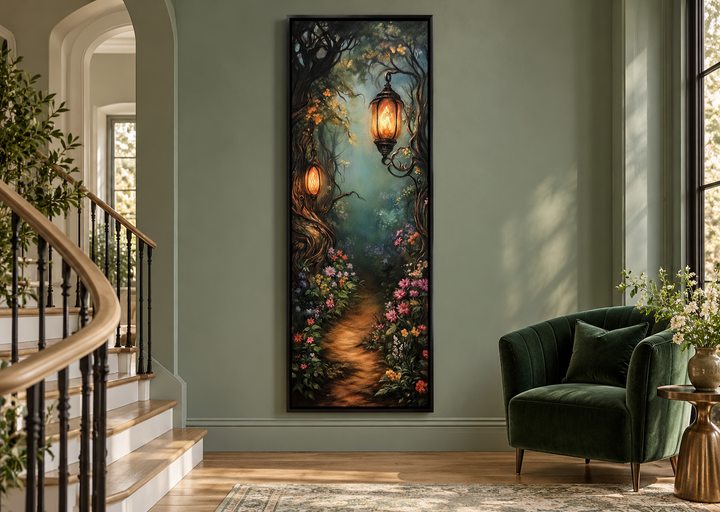 Tall narrow wall art of an enchanted forest pathway with glowing lanterns in a black frame.
