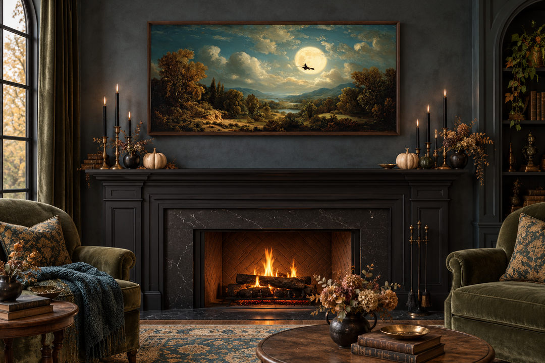 Hexe auf Besen – Halloween-Wandbild – Gotische Vollmondlandschaft