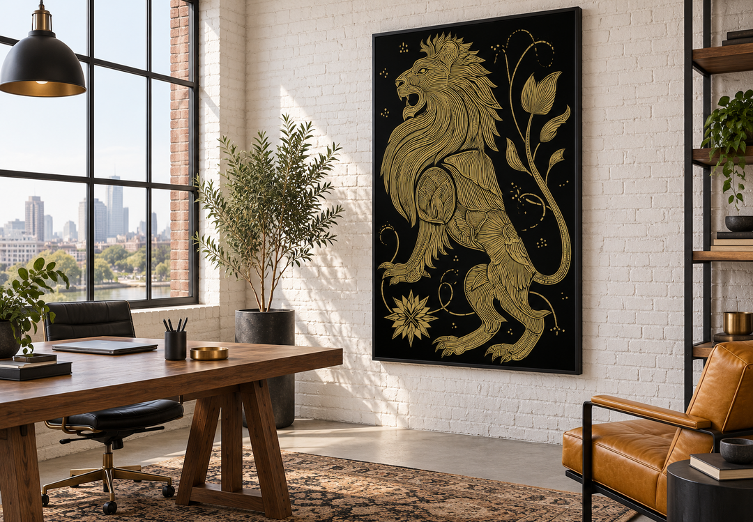 Heraldic lion wall art in black and gold canvas print hanging in a modern industrial office.