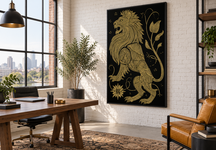 Heraldic lion wall art in black and gold canvas print hanging in a modern industrial office.