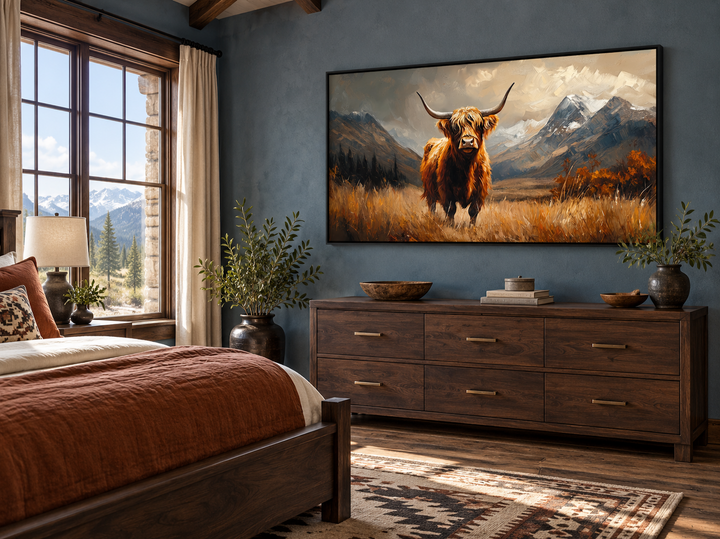 Leinwandbild „Highland Cow“ auf brauner Landschaft, gerahmt