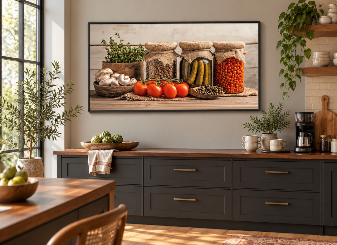 Spices and pickles framed canvas wall art displayed above a modern charcoal kitchen cabinet.