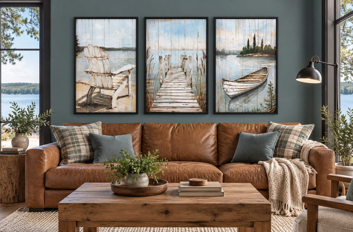 Set of 3 rustic lake house wall art featuring a fishing dock, old boat, and Adirondack chair.