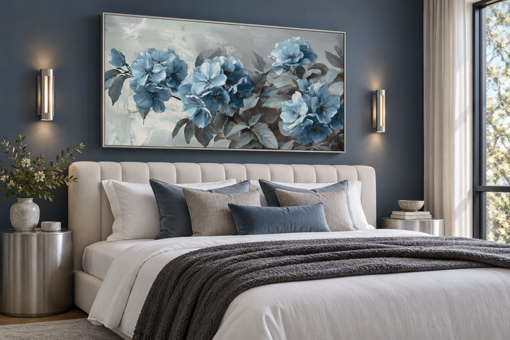 Large abstract light blue floral canvas art above a bed in a modern bedroom with grey walls.
