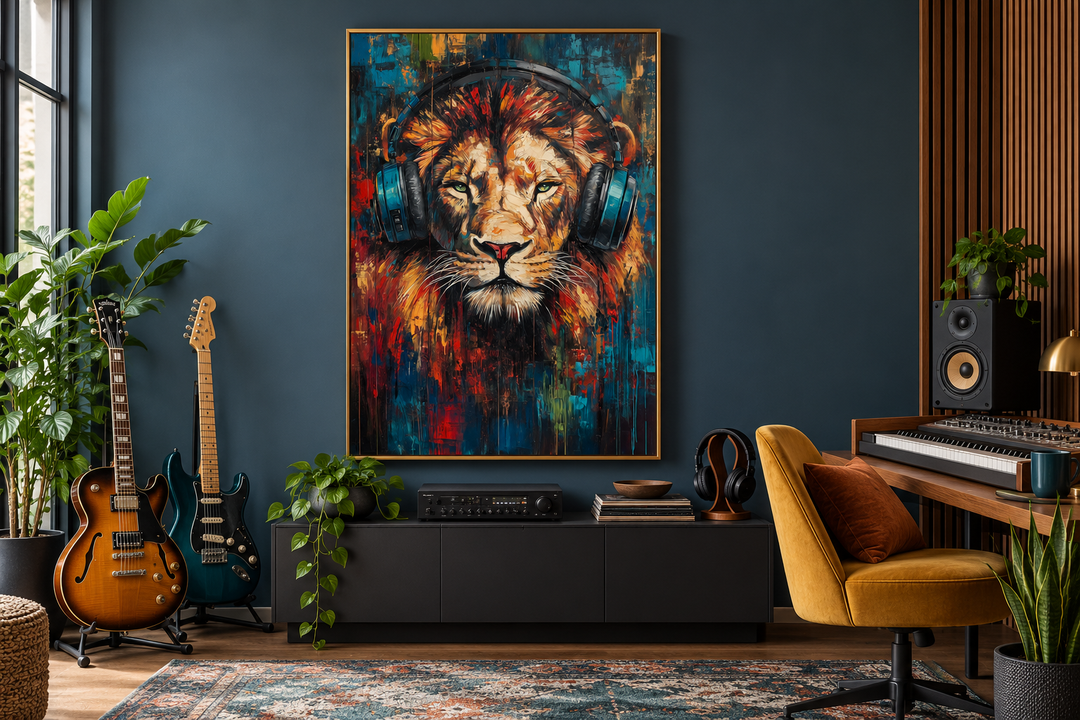 Lion DJ with headphones framed wall art in a modern music studio with guitars and a keyboard.