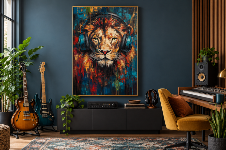 Lion DJ with headphones framed wall art in a modern music studio with guitars and a keyboard.