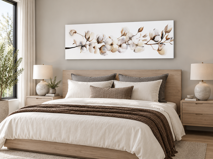 Long horizontal canvas wall art featuring neutral cotton plants above a bed in a boho bedroom.