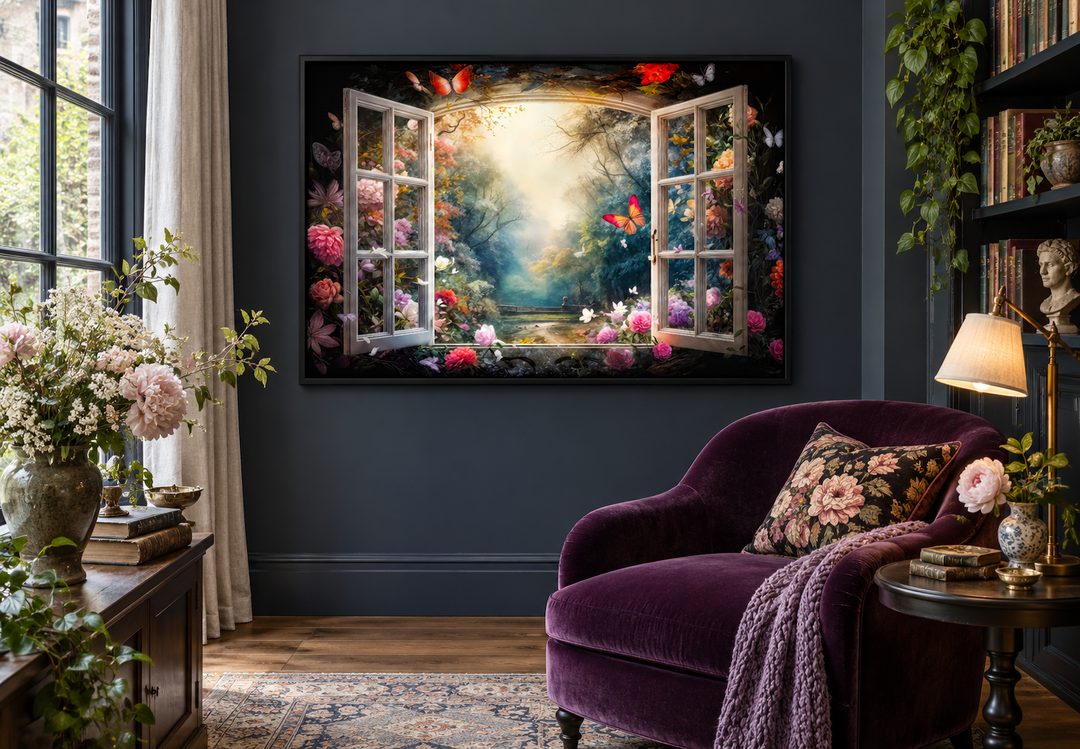Enchanted forest view from an open window wall art in a black frame on a dark blue wall.