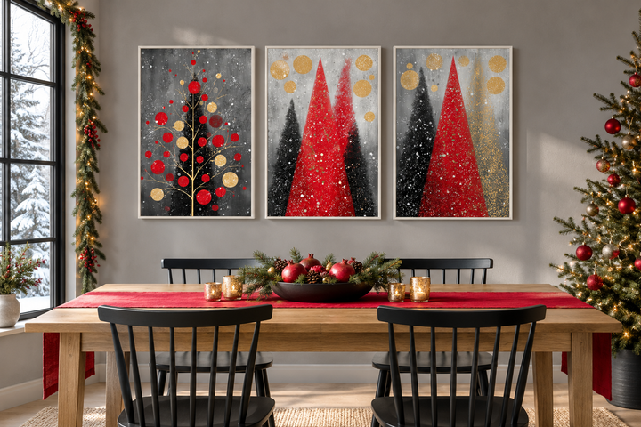 Set of 3 modern Christmas canvas prints featuring red and black holiday trees above a dining table.