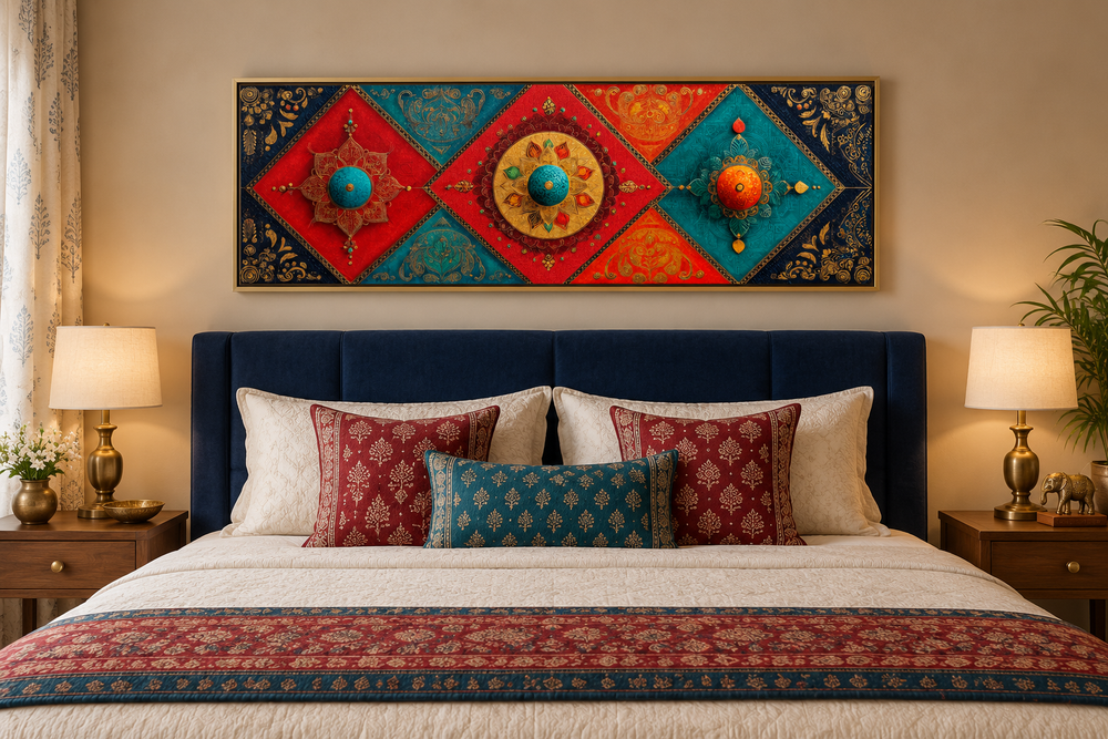 Modern long horizontal Indian canvas wall art with colorful diamond patterns above a blue headboard.