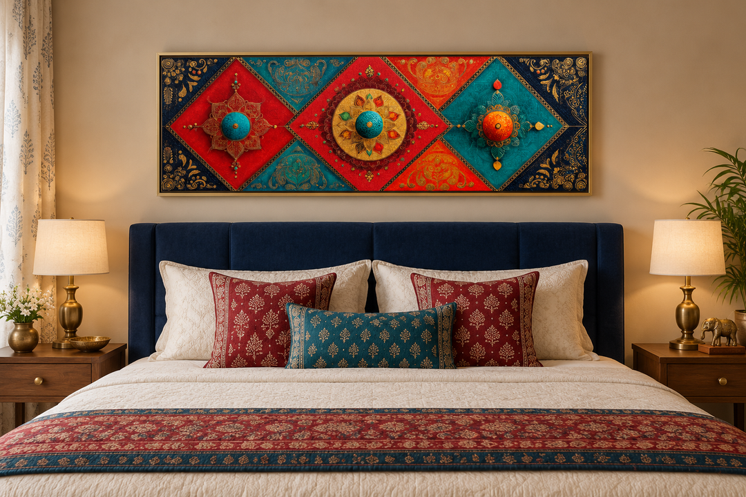 Modern long horizontal Indian canvas wall art with colorful diamond patterns above a blue headboard.