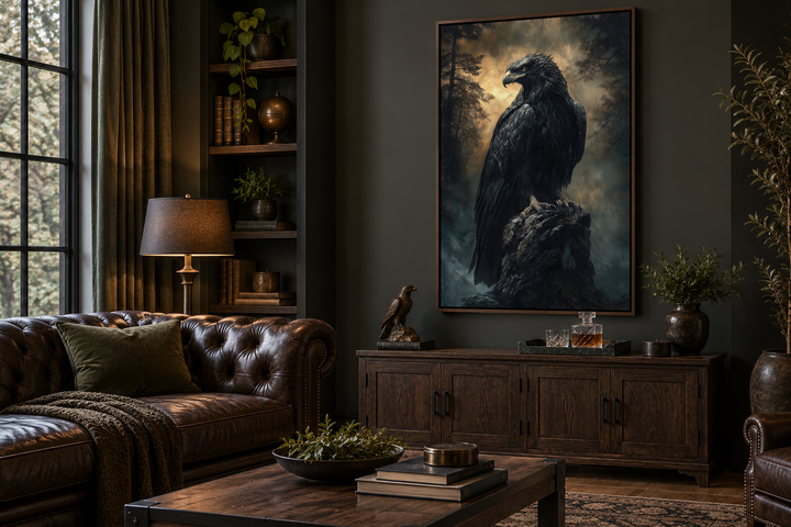 Moody dark gothic eagle framed canvas wall art hanging in a sophisticated, dark-toned study.