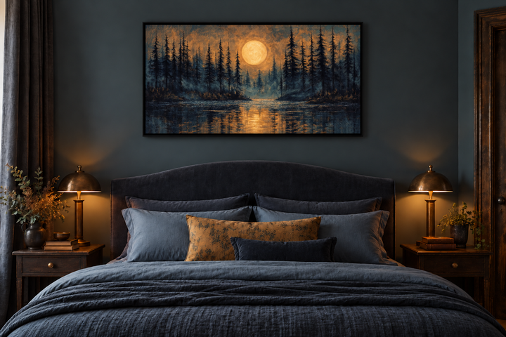 Moody wall art of a full moon over a pine forest and lake, framed above a dark blue bed.