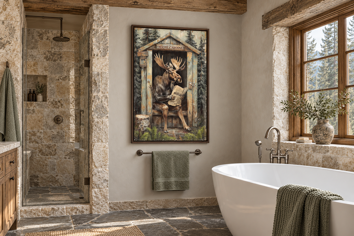 Moose in a rustic outhouse reading a newspaper, framed wall art in a stone-tiled bathroom.