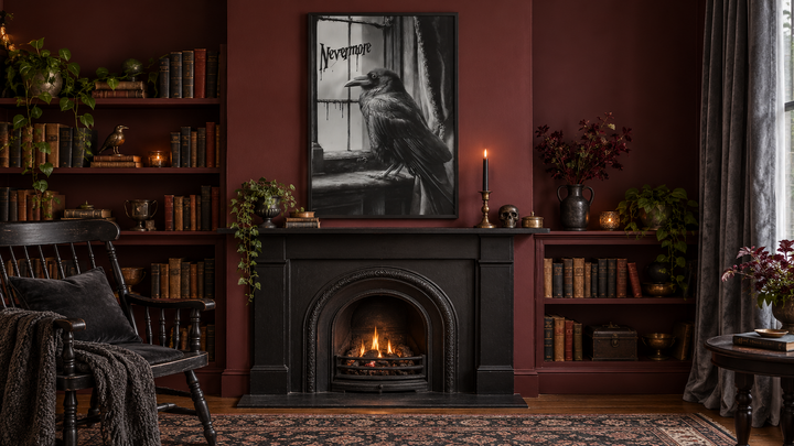 Nevermore gothic wall art with a raven in a black frame above a fireplace in a dark library.