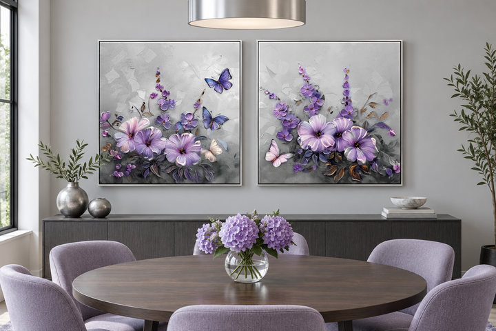 Set of 2 light purple floral prints with lavender blossoms and butterflies in a dining room.