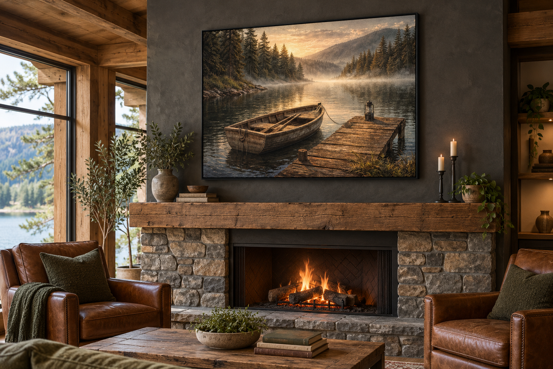 Rustic rowboat wall art on canvas above a stone fireplace in a cozy lodge living room.