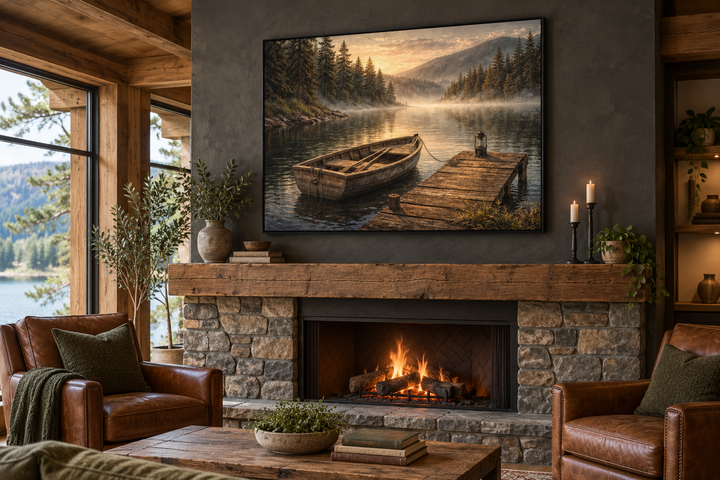 Rustic rowboat wall art on canvas above a stone fireplace in a cozy lodge living room.