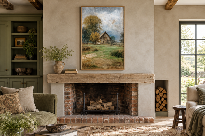 Vertical rustic farmhouse canvas print of a weathered barn in a peaceful countryside landscape.