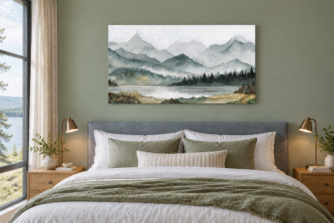 Sage green mountain lake landscape watercolor painting on framed canvas above a bed.