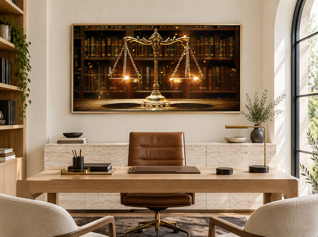 Framed canvas print of golden scales of justice hanging in a modern law office above a wooden desk.