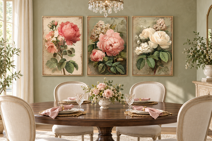Set of 3 vintage rose botanical wall art prints in gold frames above a dining table.