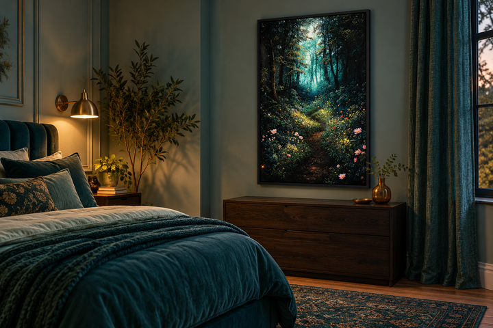 Enchanted Forest With Mystical Lights Framed Canvas Wall Art hanging in a dark green bedroom.