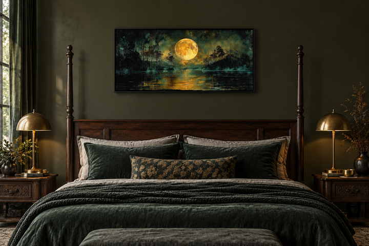 Moody night lake art with a full yellow moon canvas print in a black frame above a dark green bed.