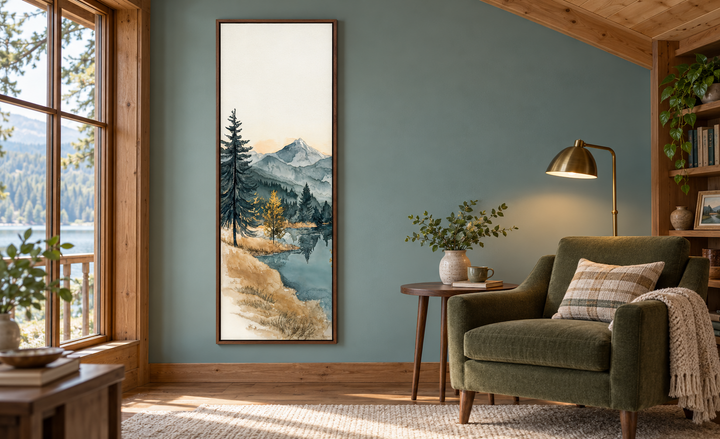 Toile murale verticale haute et étroite représentant un lac de montagne.