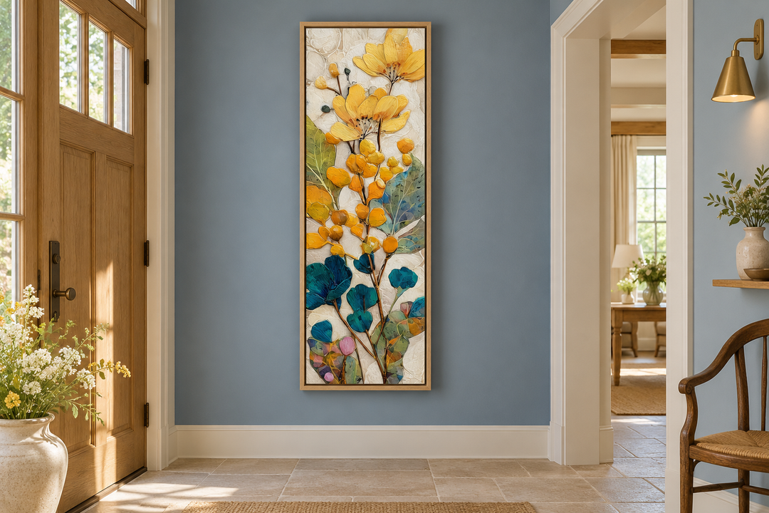 Tall narrow vertical canvas wall art with yellow and blue botanical flowers in a blue entryway.