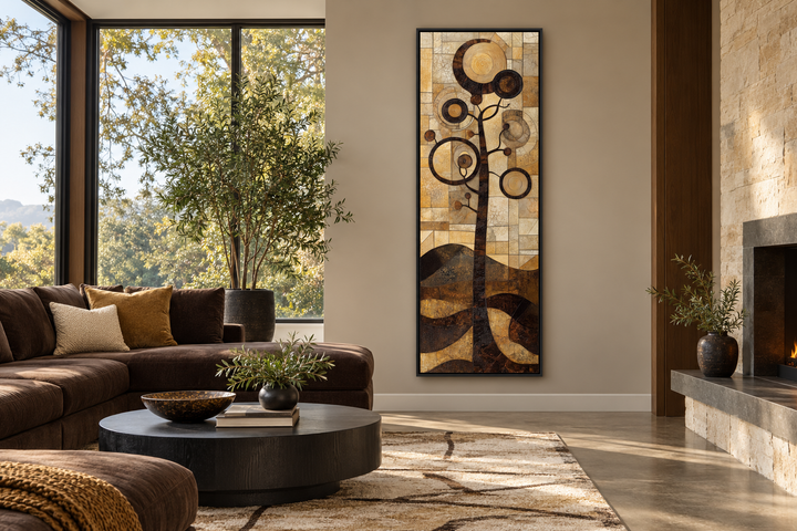 Tall vertical mid-century modern tree canvas wall art with geometric gold and black patterns.