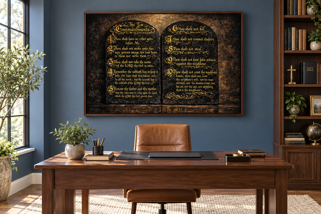 Dark gold Ten Commandments canvas wall art in a walnut frame above a wooden desk in a home office.
