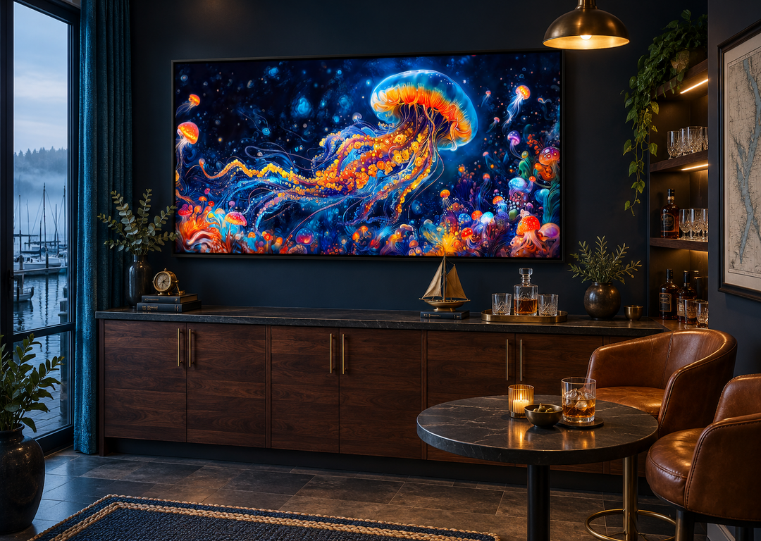 Underwater scene with trippy jellyfish framed canvas wall art in a dark, modern home bar setting.