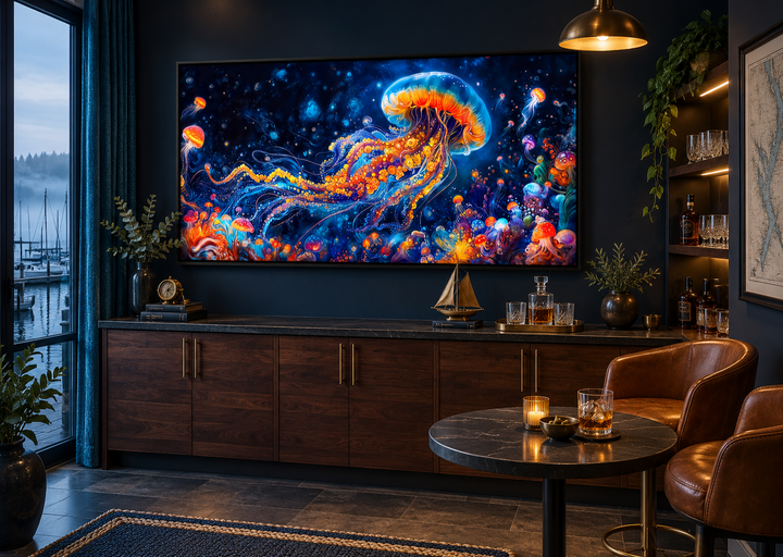 Underwater scene with trippy jellyfish framed canvas wall art in a dark, modern home bar setting.