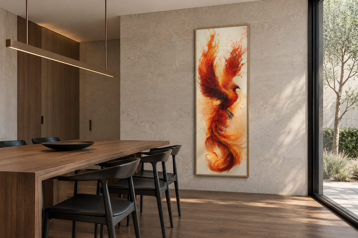 Tall narrow framed canvas wall art of a fiery orange phoenix in a modern dining room.