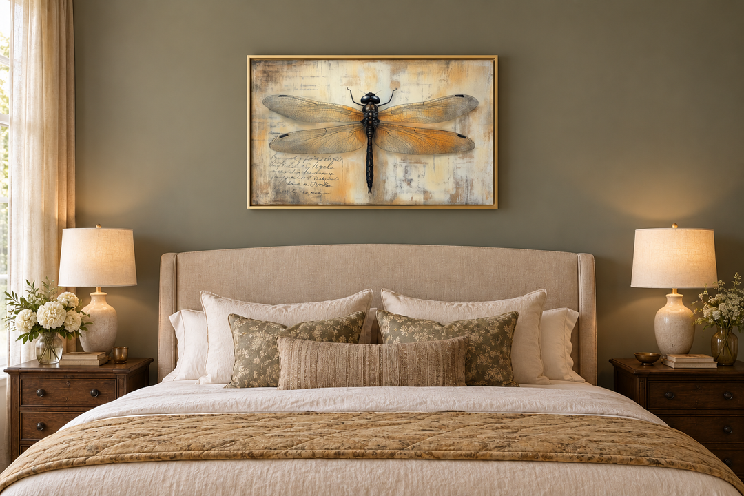 Vintage dragonfly illustration in a gold frame above a bed in a rustic-style bedroom.