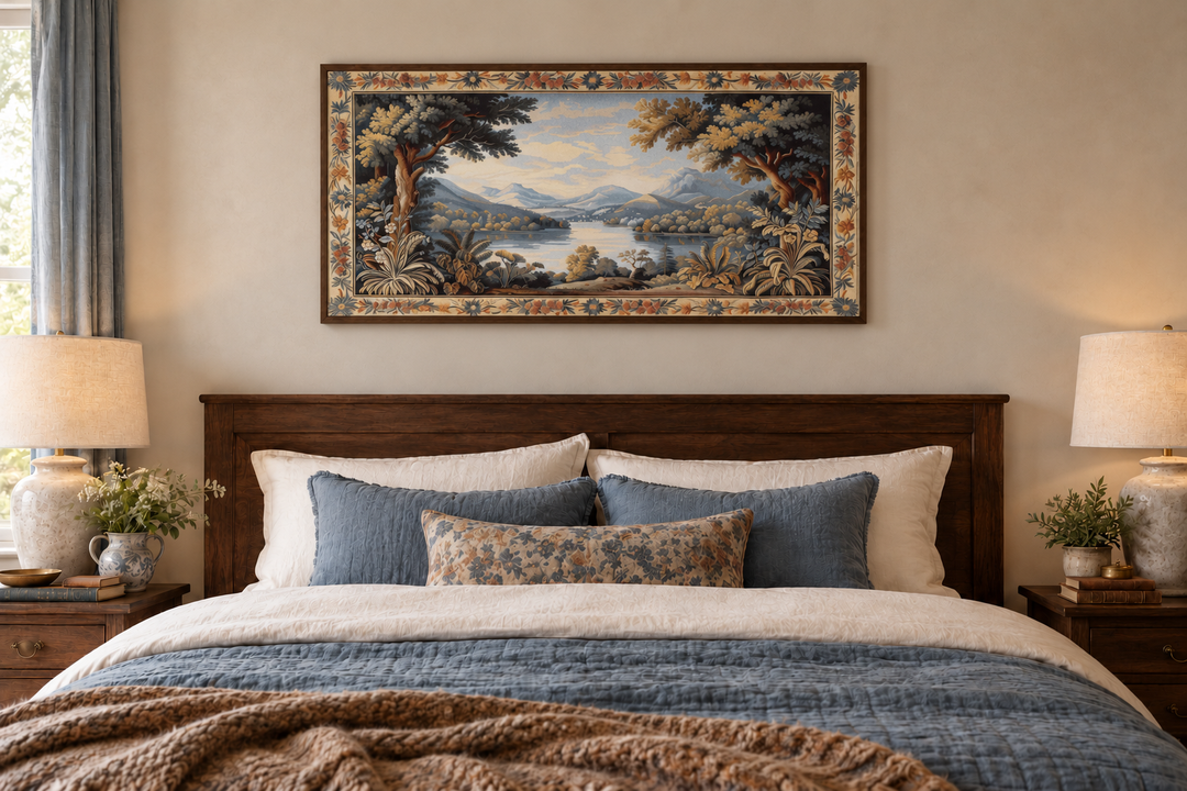 Antique river landscape framed tapestry canvas wall art hanging above a bed in a bedroom.