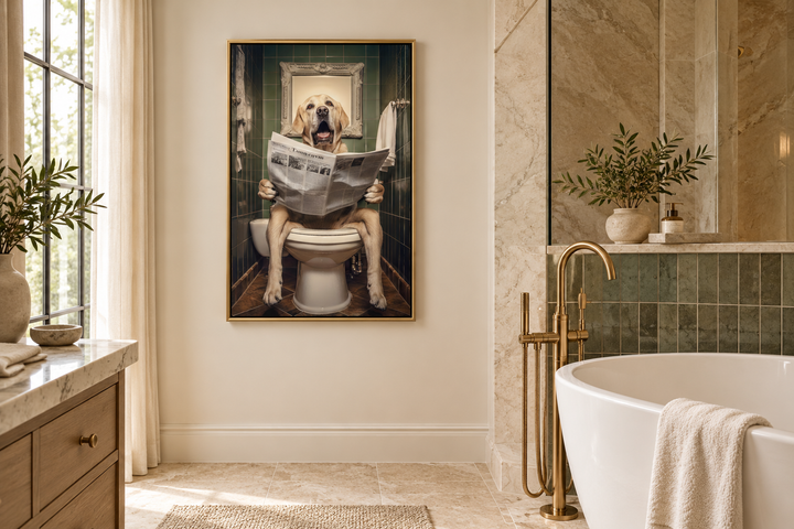 Framed canvas of a white Labrador Retriever sitting on a toilet reading a newspaper in a bathroom.