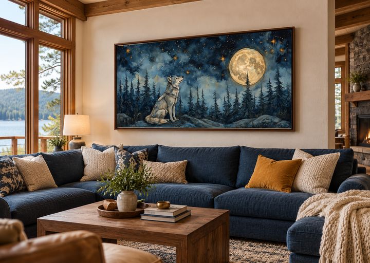 Wolf wall art canvas featuring a wolf under a full moon in a night forest above a blue sectional.