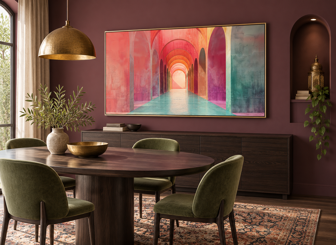 Mediterranean Archways Wall Art in a gold frame above a dining table in a plum-colored room.