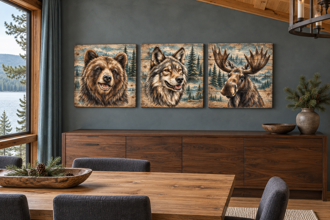 Three rustic framed canvas prints of a bear, wolf, and moose on a dark wall in a cabin dining room.