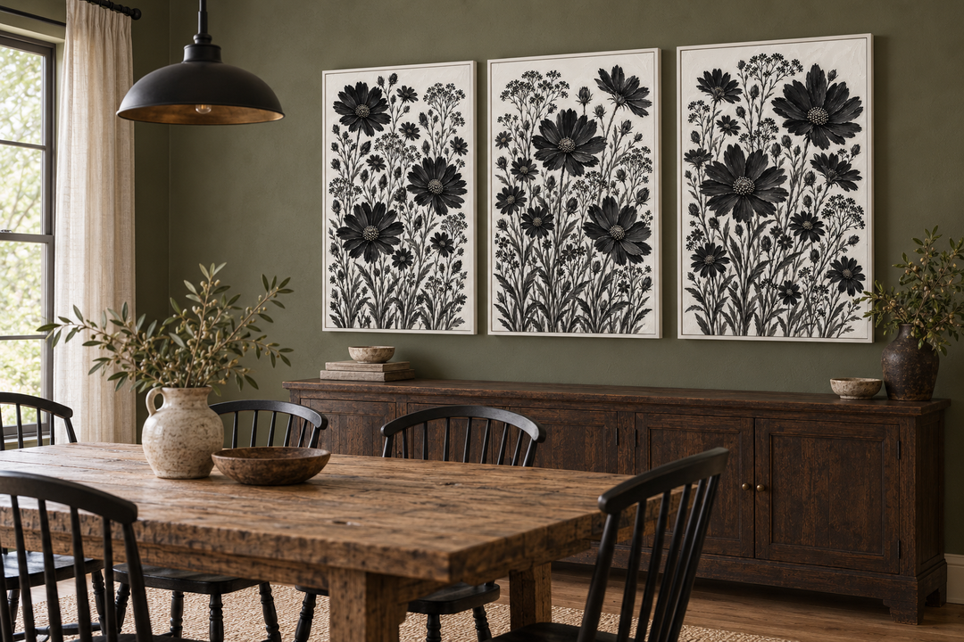 Set of 3 black and white wildflower canvas prints on a green wall in a rustic dining room.