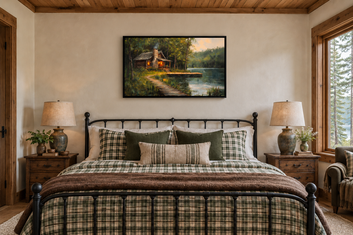 Cabin On The Lake Framed Canvas Wall Art hanging above a bed in a rustic bedroom.
