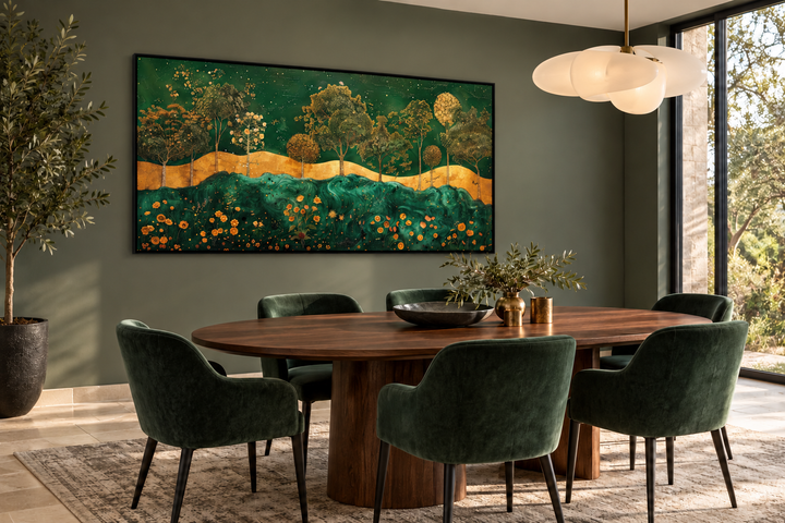 Emerald Green Gold Wall Art Nouveau framed canvas print with tree motif in a modern dining room.