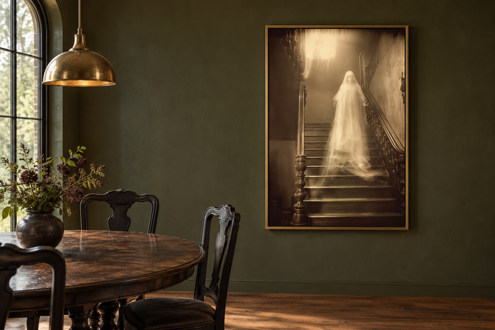 Ghost on stairs in haunted house photograph framed canvas wall art on a dark green wall.