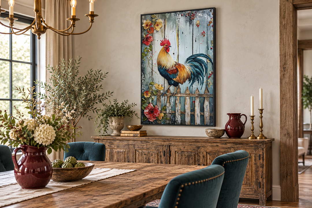 Rooster on a fence rustic farmhouse framed canvas wall art in a dining room setting.