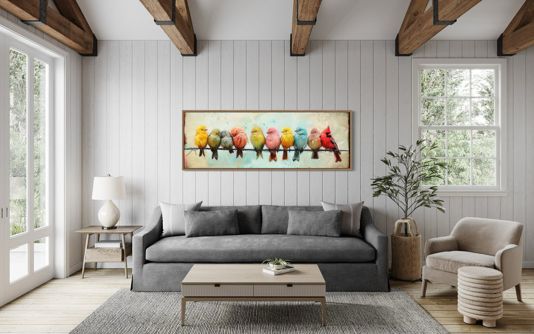 Birds On A Wire Long Horizontal Canvas Wall Art above grey couch