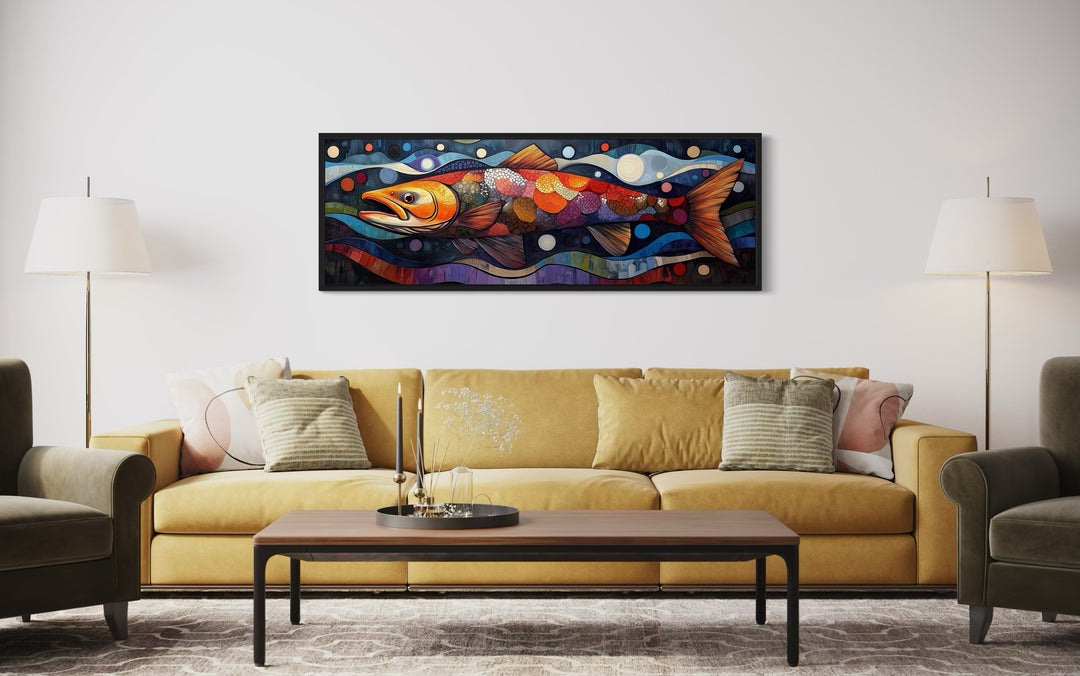 Colorful Salmon Long Horizontal Framed Canvas Wall Art above yellow couch