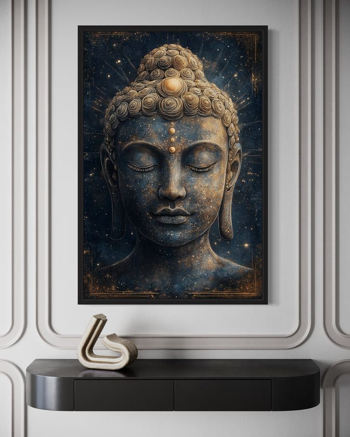 Navy Blue Buddha Statue Zen Cosmic Framed Canvas Wall Art close up