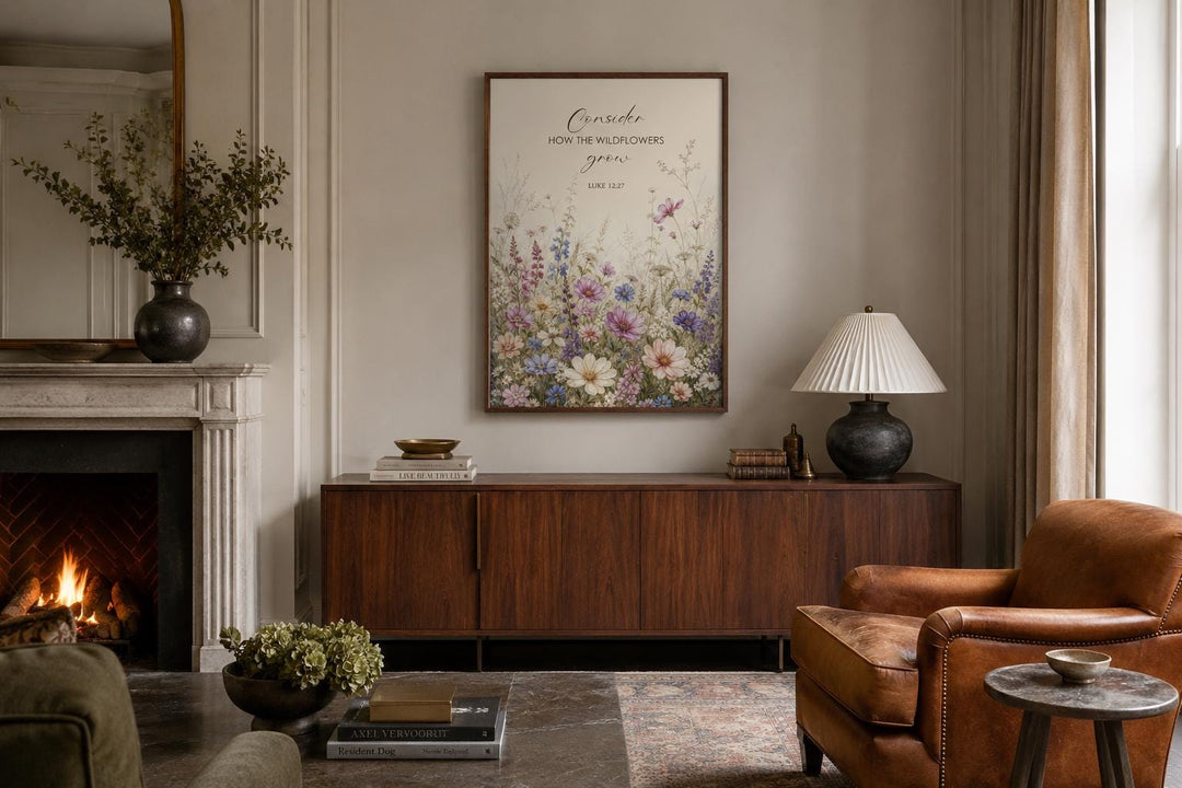 Wildflower watercolor art with Luke 12:27 scripture verse in a dark wood frame above a sideboard.